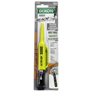 Packaging of a Dixon Industrial Reach Deep Hole Marker, featuring black ink and designed for marking hard-to-reach places. The text emphasizes its ability to write on wet surfaces and showcases the marker’s long pen-like design.