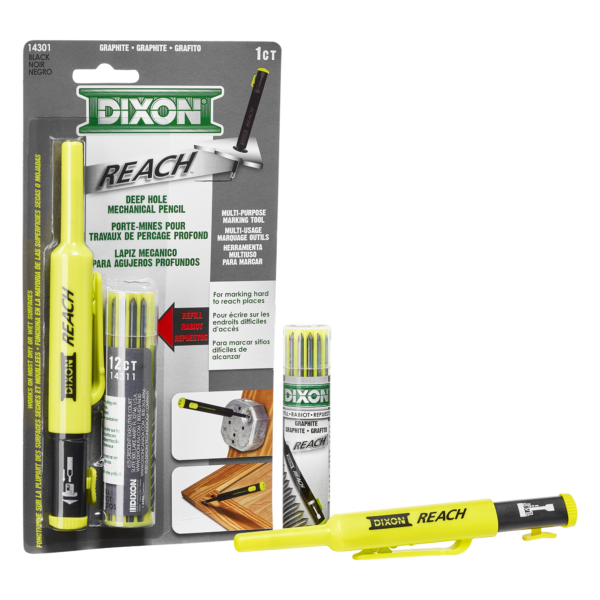 Packaging for the Dixon Industrial Reach Mechanical Deep Hole Pencil set, which includes a pencil, refill leads, and an instruction guide in English, Spanish, and French for construction and deep hole marking.