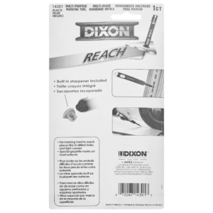 Packaging of a Dixon Industrial Reach Mechanical Deep Hole Pencil, showing the tool and instructions for various uses in both English and French.