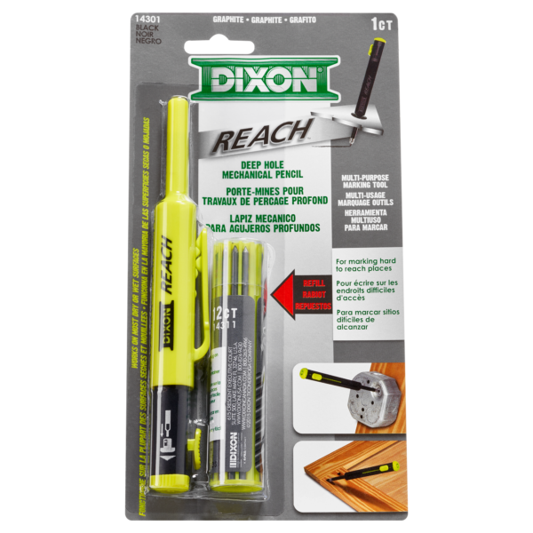 Packaging of the Dixon Industrial Reach Mechanical Deep Hole Pencil in yellow, designed for marking hard-to-reach places. Includes the pencil, refill leads, and a multipurpose marking tool. Text available in English, French, and Spanish.