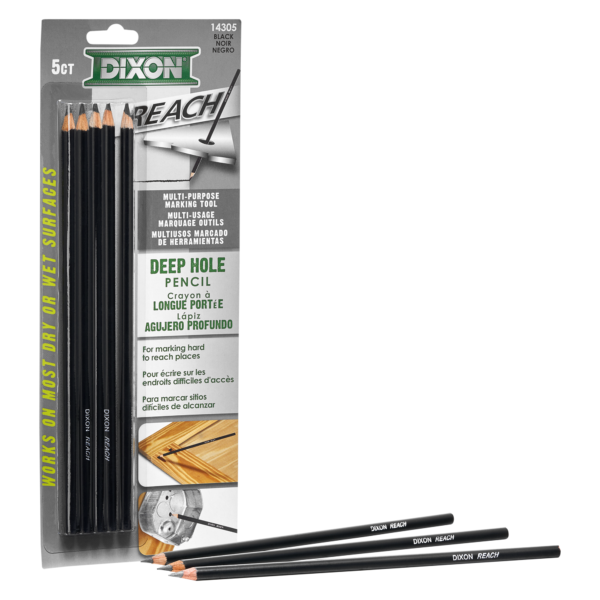 Image of Dixon Industrial Reach Wood-Case Deep Hole Pencils in a 5-pack, with three pencils displayed outside the package. The packaging highlights the ability to mark on most dry or wet surfaces.