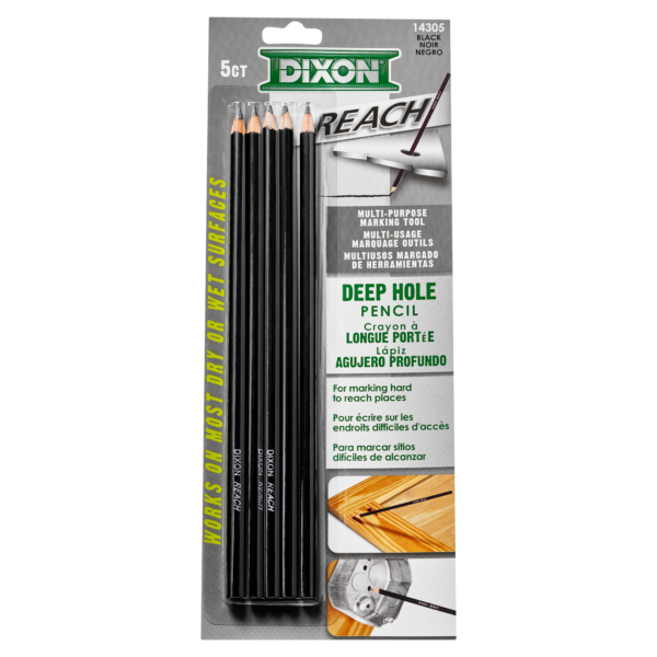 Package of 5 Dixon Industrial Reach Wood-Case Deep Hole Pencils in black, suitable for marking on both dry and wet surfaces, shown in original packaging.