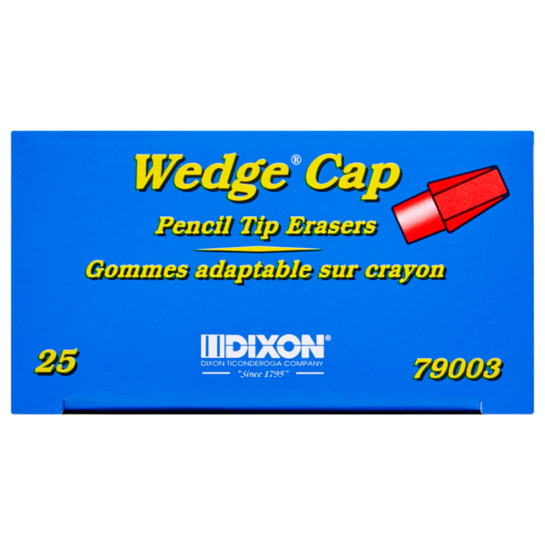 A predominantly blue box of Dixon Pencil Cap Erasers, containing 25 erasers with the product number 79003, labeled in both English and French, and featuring an image of a red eraser.