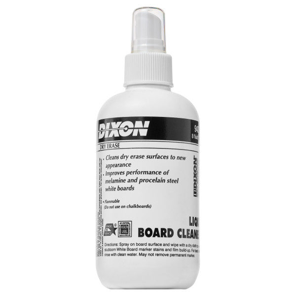 A white spray bottle of Dixon Dry Erase Board Cleaner with black text. The label indicates it cleans dry erase surfaces, enhances the performance of melamine and porcelain steel whiteboards, and is flammable.