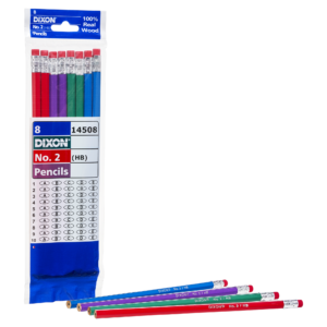 A package of eight Dixon Multi-Color Wood-Cased Pencils, featuring three green, two purple, two red, and one blue pencil. Each pencil comes with an eraser and is neatly arranged beside the package.