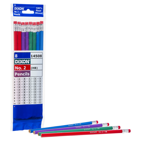 A package of eight Dixon Multi-Color Wood-Cased Pencils, featuring three green, two purple, two red, and one blue pencil. Each pencil comes with an eraser and is neatly arranged beside the package.