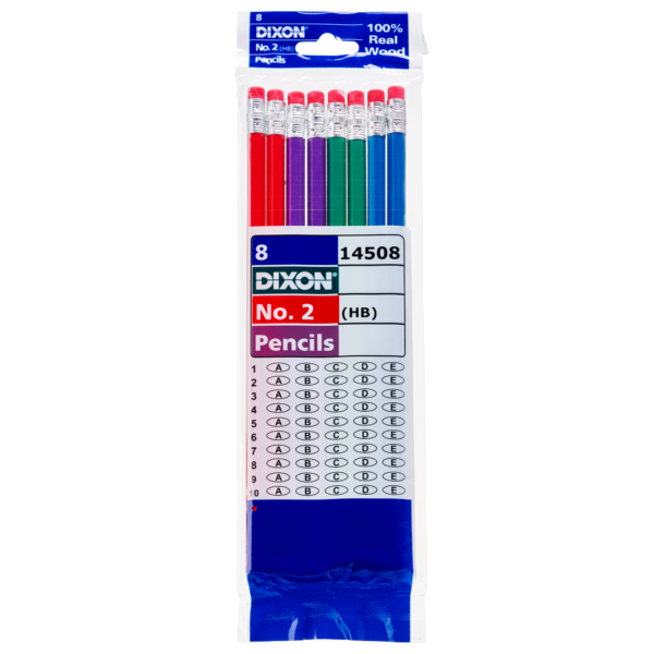 A pack of eight Dixon Multi-Color Wood-Cased Pencils, displayed in a clear plastic bag with a blue header.