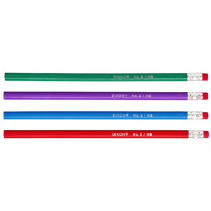 Four Dixon Multi-Color Wood-Cased Pencils in green, purple, blue, and red, each featuring a silver ferrule and a red eraser, arranged in a horizontal row.