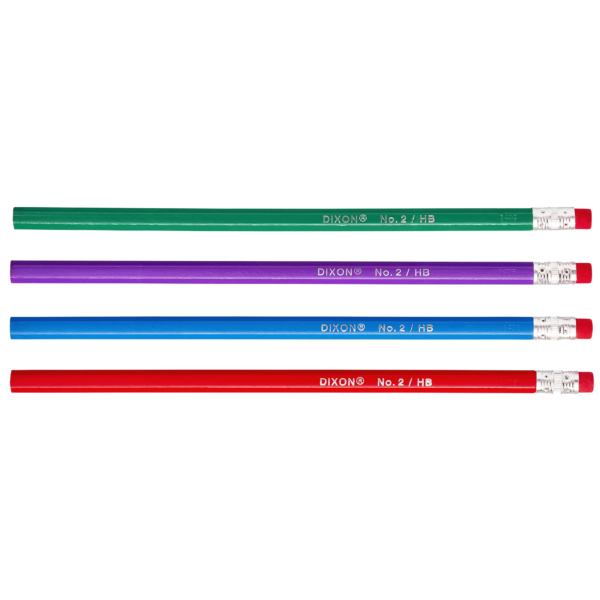 Four Dixon Multi-Color Wood-Cased Pencils in green, purple, blue, and red, each featuring a silver ferrule and a red eraser, arranged in a horizontal row.