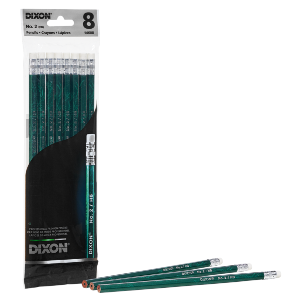 Package of Dixon Green Executive pencils, containing eight pencils. Three pencils are displayed outside the package.