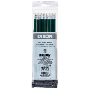 A package of Dixon Green Executive Pencils made from real wood, containing 10 pencils with erasers, shown in its original clear plastic packaging.