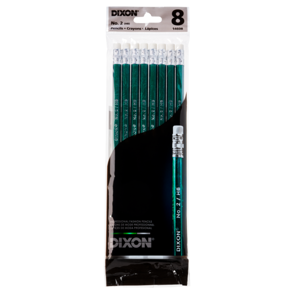 A packaged set of eight Dixon Green Executive Pencils with black erasers. The label indicates they are pencils, crayons, and lápices.