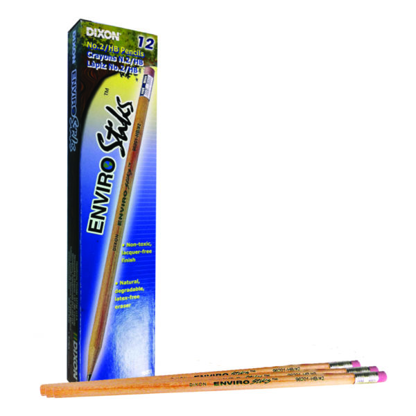 A box of 12 EnviroStik No. 2/HB pencils with two placed in front, showcasing their eco-friendly design with a non-toxic, lacquer-free finish and natural biodegradable erasers.